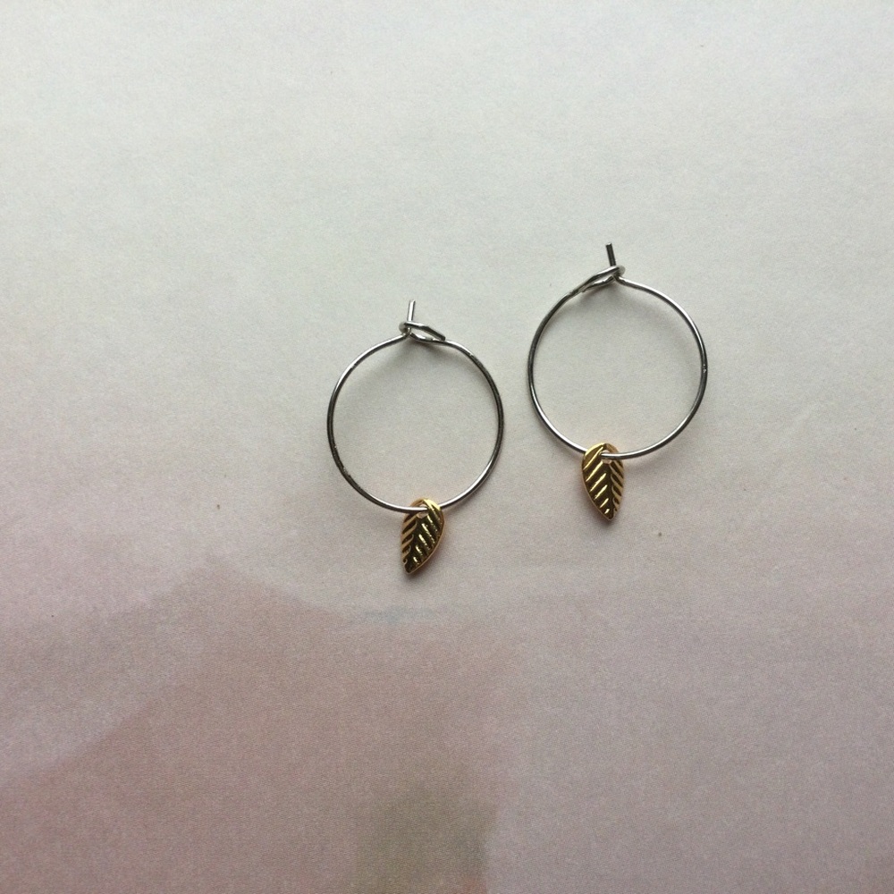Minimalist Small Silver Hoops With Tiny Gold Leaf Charms